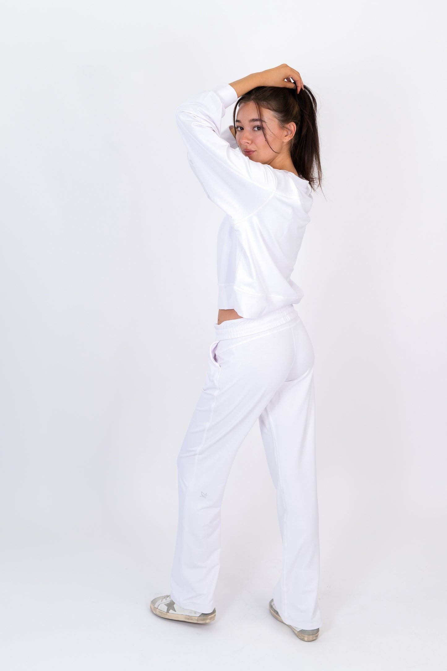 Model wearing The Solace Wide Leg Sweatpant in Cloud by ON/OFF Essentials, made from 95% bamboo fleece.