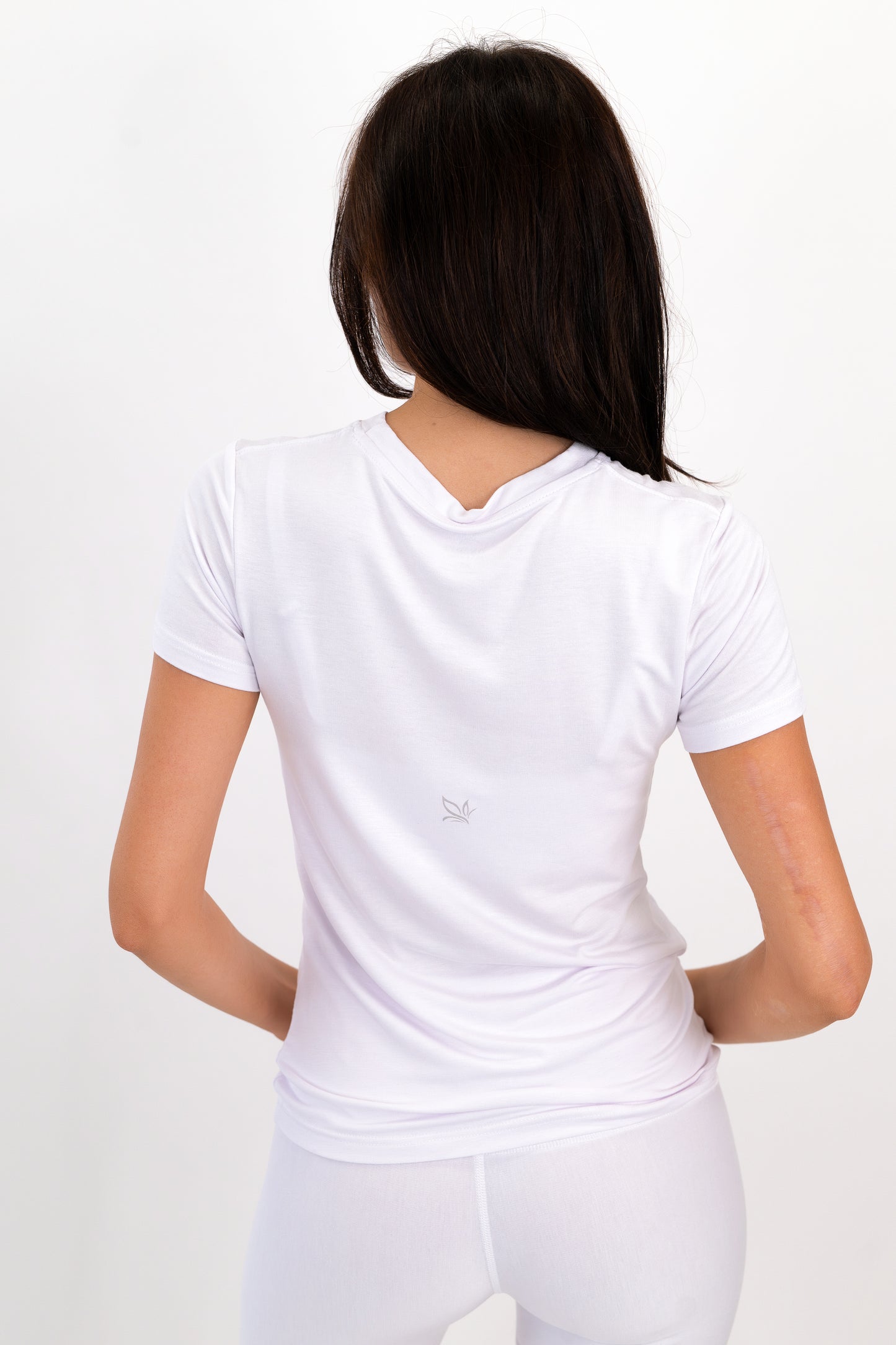 Model wearing The Everyday Tee in Cloud by ON/OFF Essentials, made from 95% bamboo.