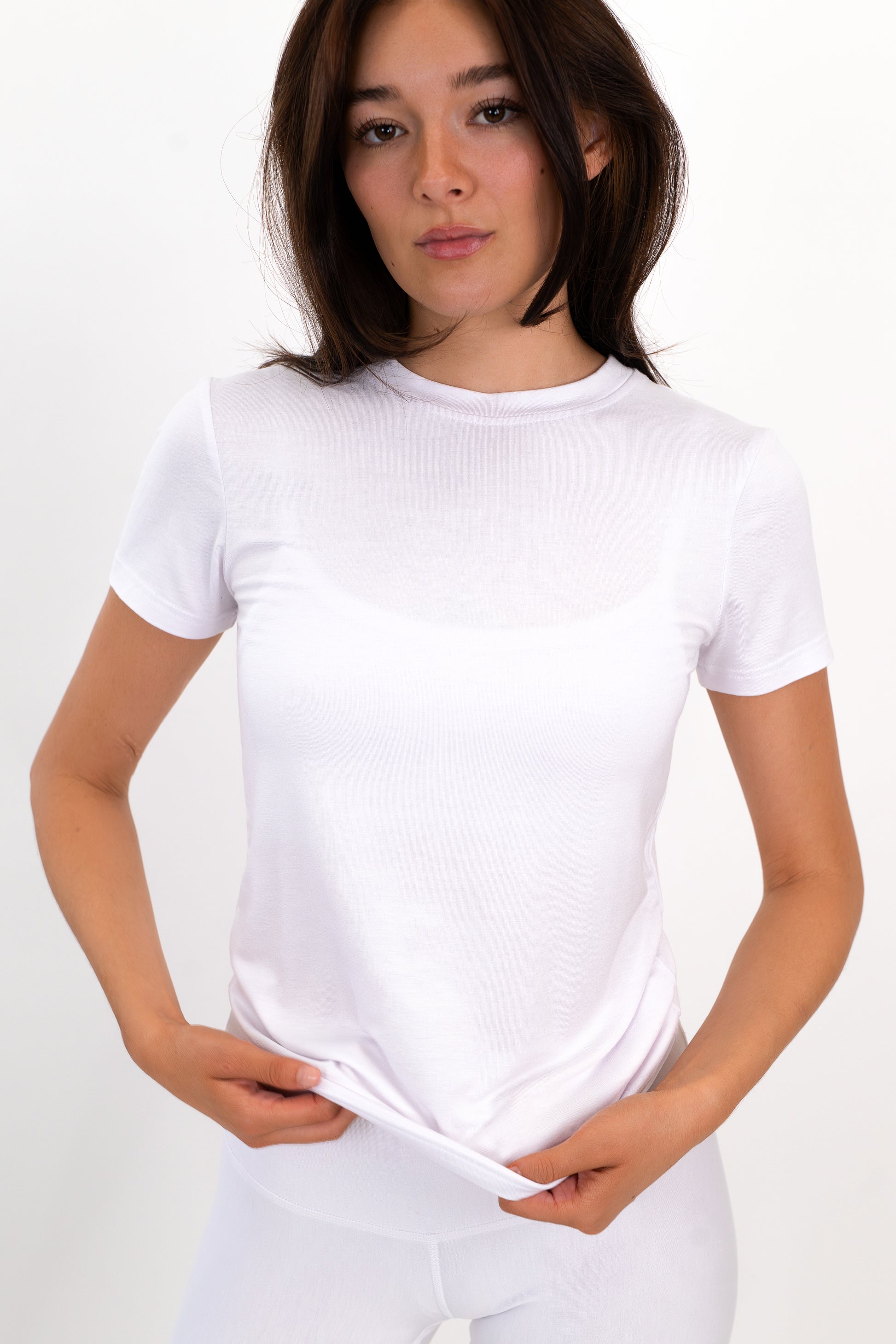 Model wearing The Everyday Tee in Cloud by ON/OFF Essentials, made from 95% bamboo.