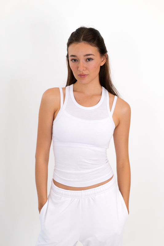 Model wearing The Essential Tank in Cloud by ON/OFF Essentials, made from 95% bamboo.