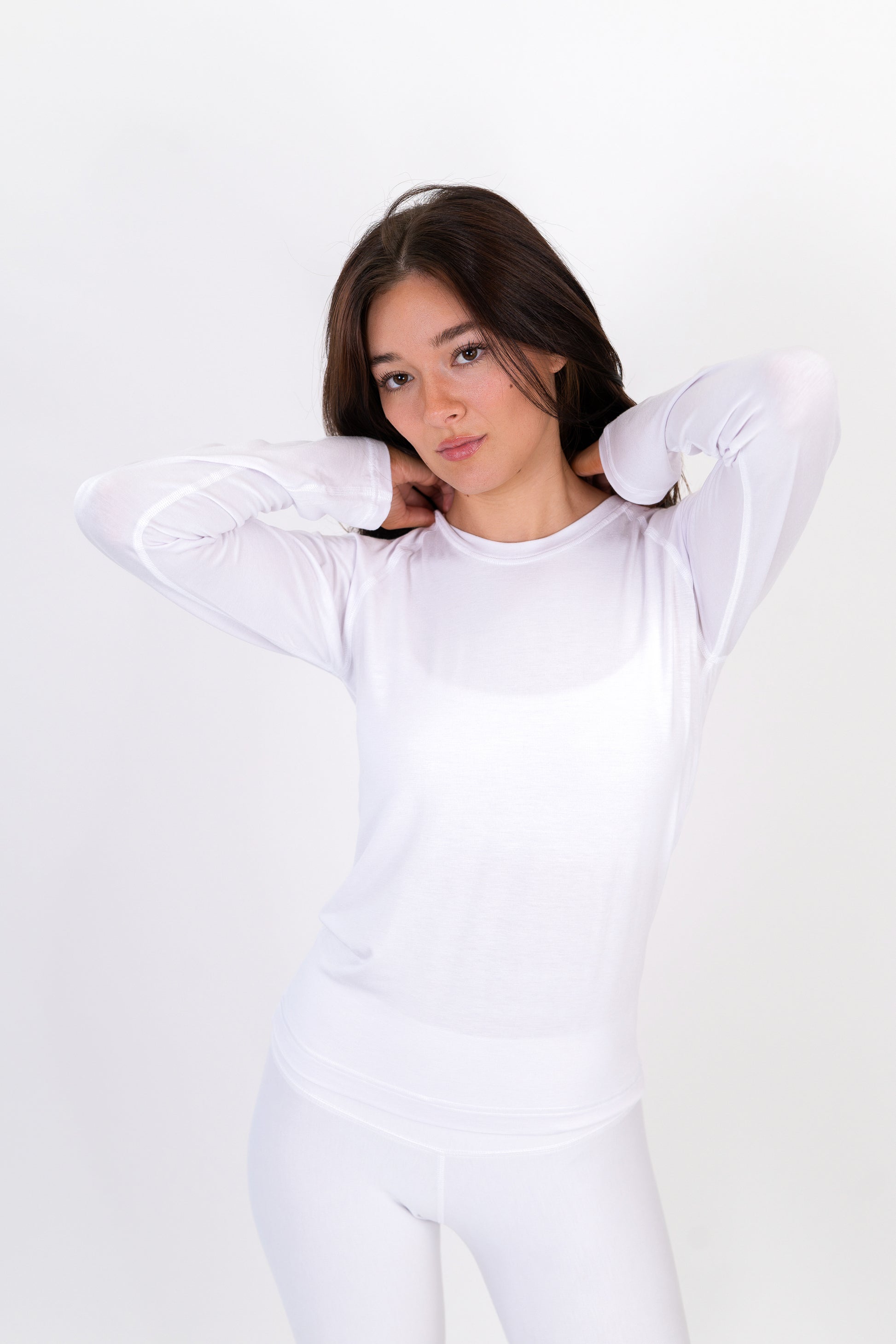 Model wearing The Everyday Long Sleeve in Cloud by ON/OFF Essentials, made from 95% bamboo.