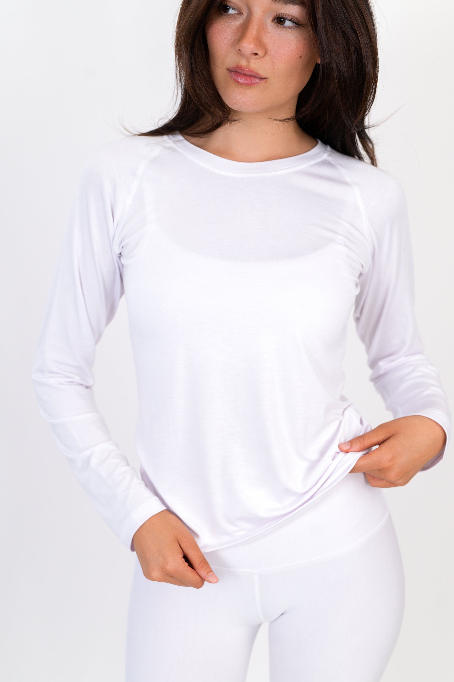 Model wearing The Everyday Long Sleeve in Cloud by ON/OFF Essentials, made from 95% bamboo.