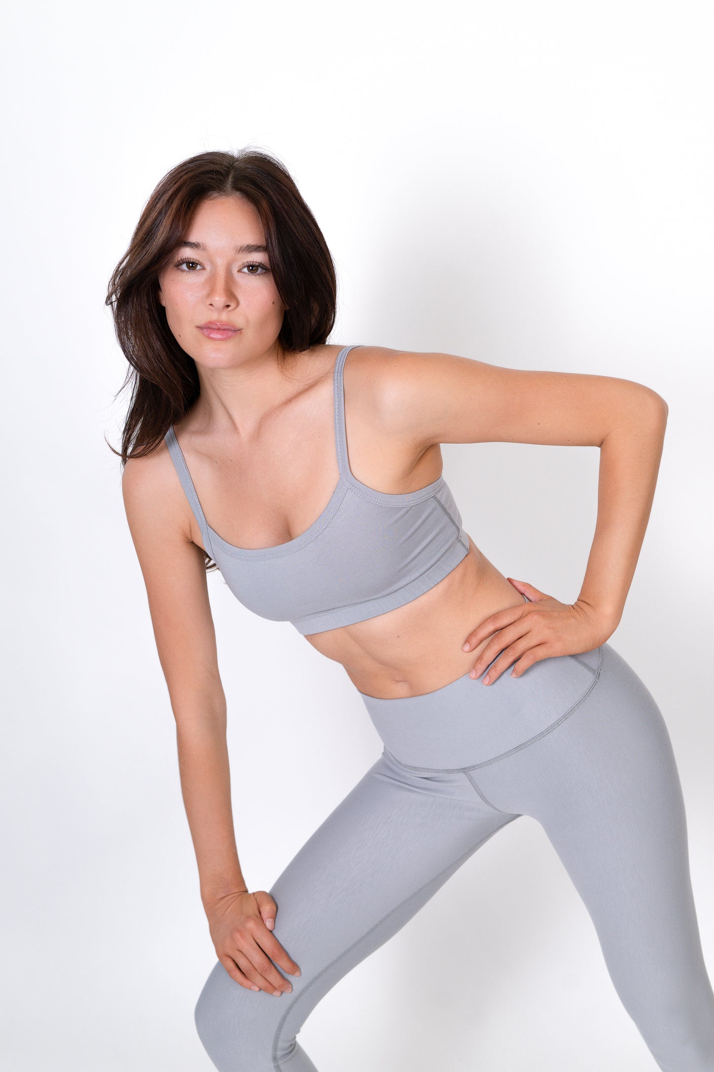 Model wearing The Form Bra in Fog by ON/OFF Essentials, made from 95% bamboo.