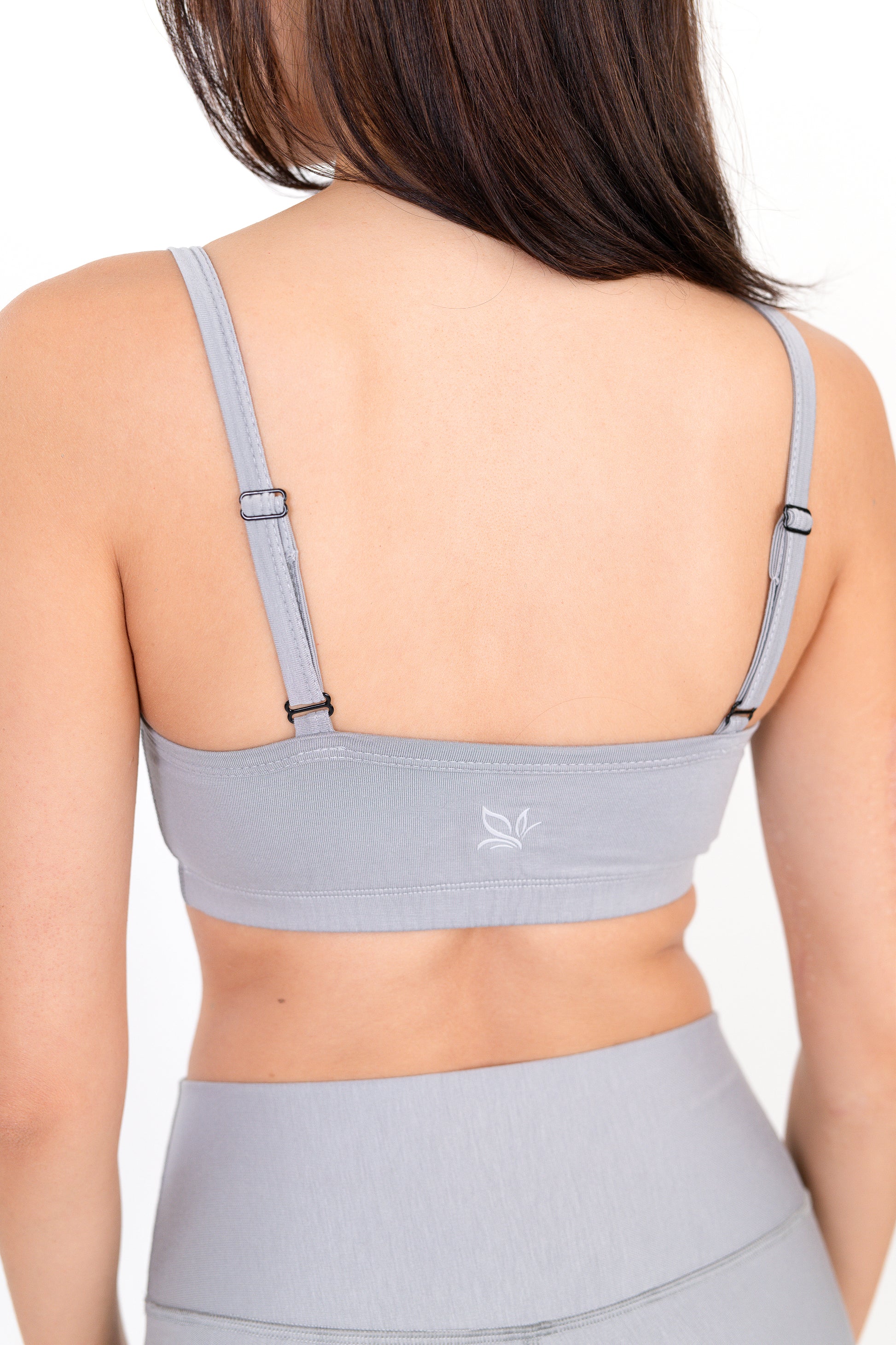 Model wearing The Form Bra in Fog by ON/OFF Essentials, made from 95% bamboo.