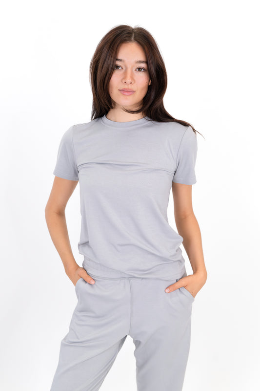 Model wearing The Everyday Tee in Fog by ON/OFF Essentials, made from 95% bamboo.