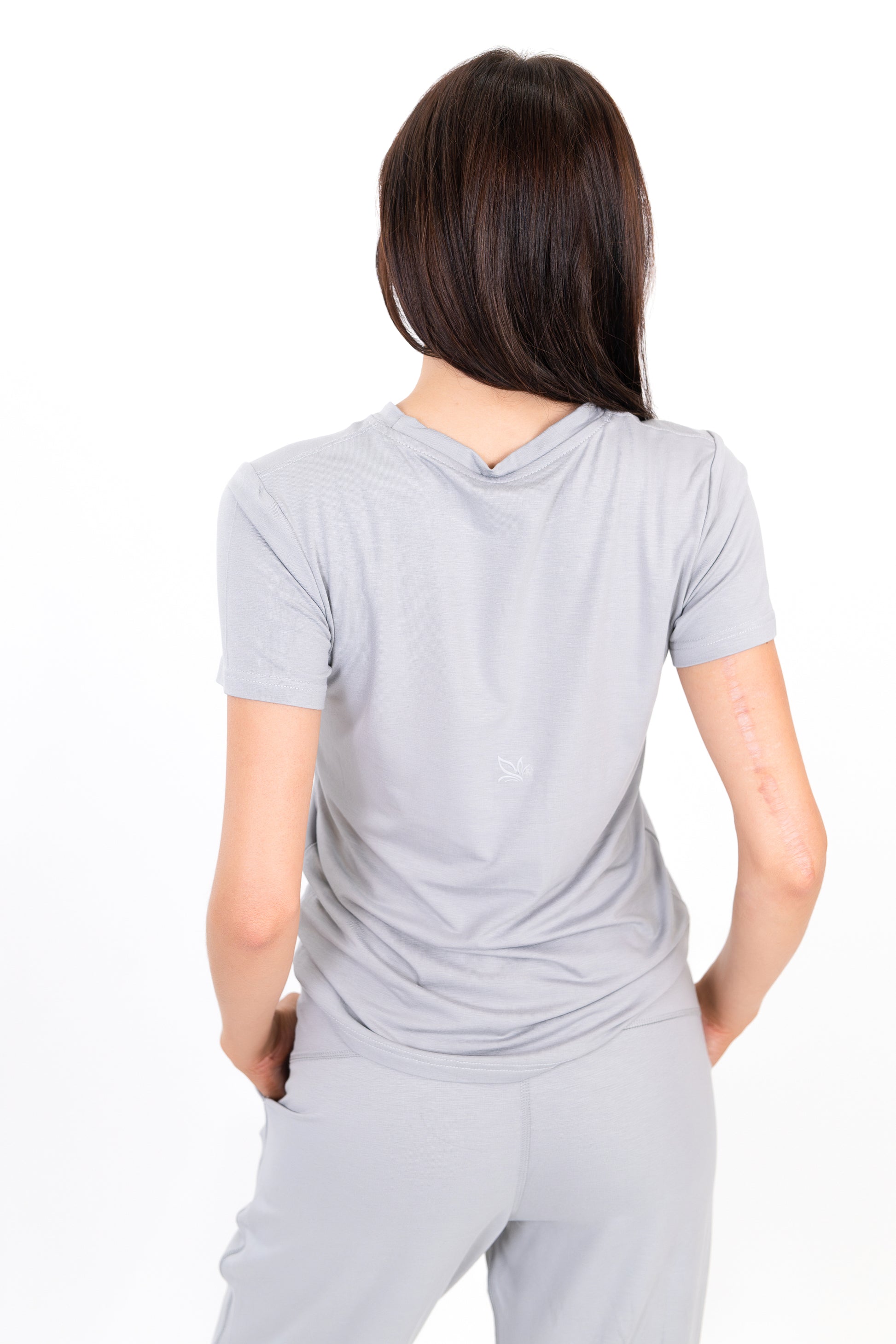 Model wearing The Everyday Tee in Fog by ON/OFF Essentials, made from 95% bamboo.