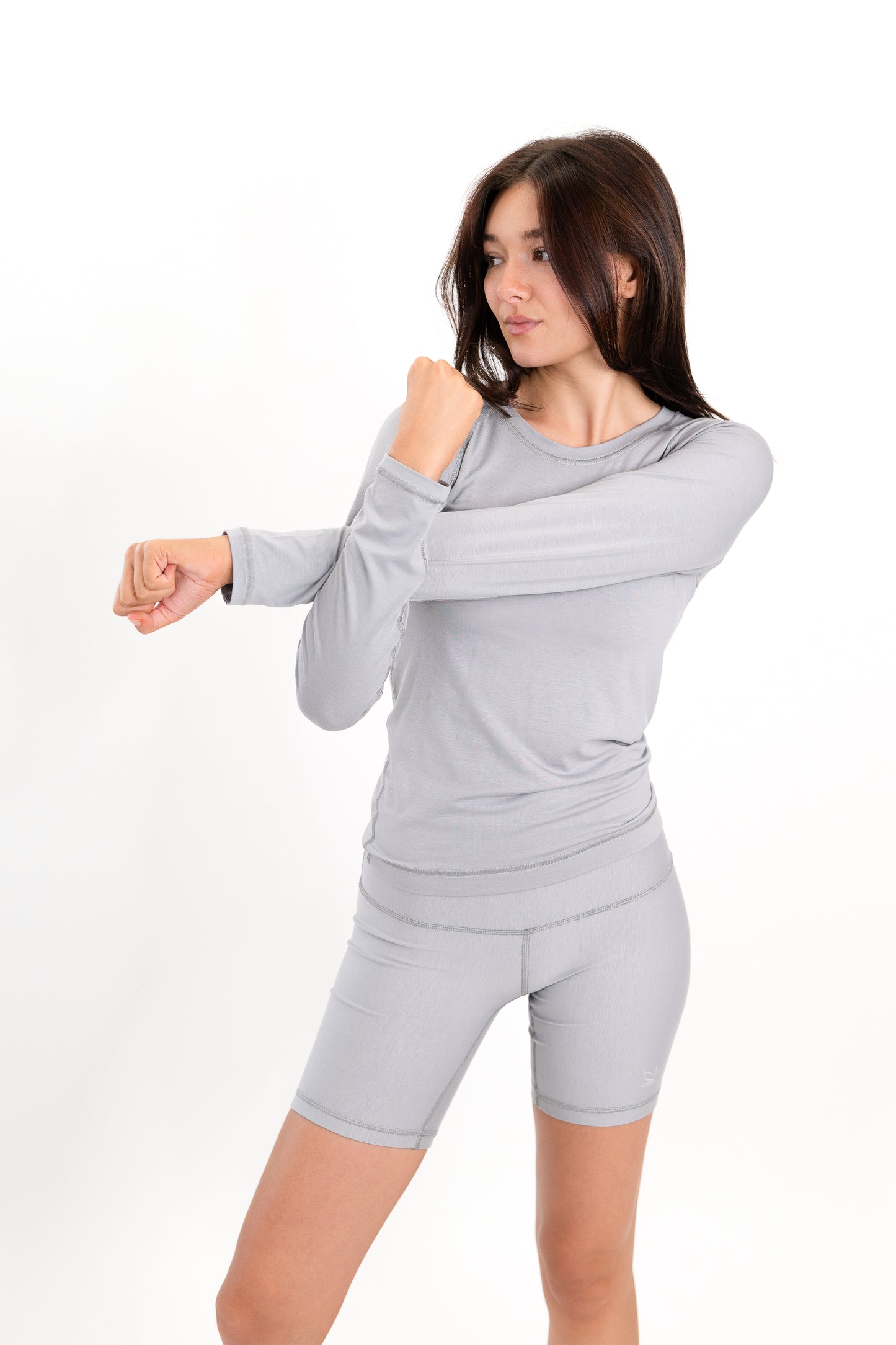 Model wearing The Everyday Long Sleeve in Fog by ON/OFF Essentials, made from 95% bamboo.