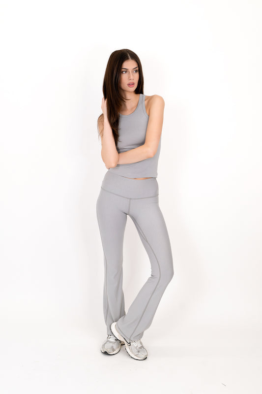 Model wearing The Core Flare Legging in Fog by ON/OFF Essentials, made from 95% bamboo.